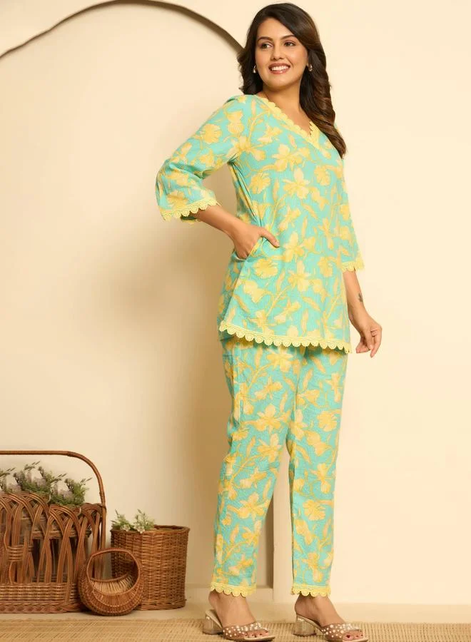 KASYA Women Blue Cotton Printed Tunic and Pants Co-Ords